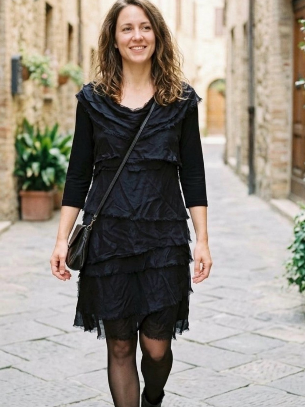 NEW Made in Italy black tiered ruffle dress Asymmetrical Tiered 3/4 sleeves